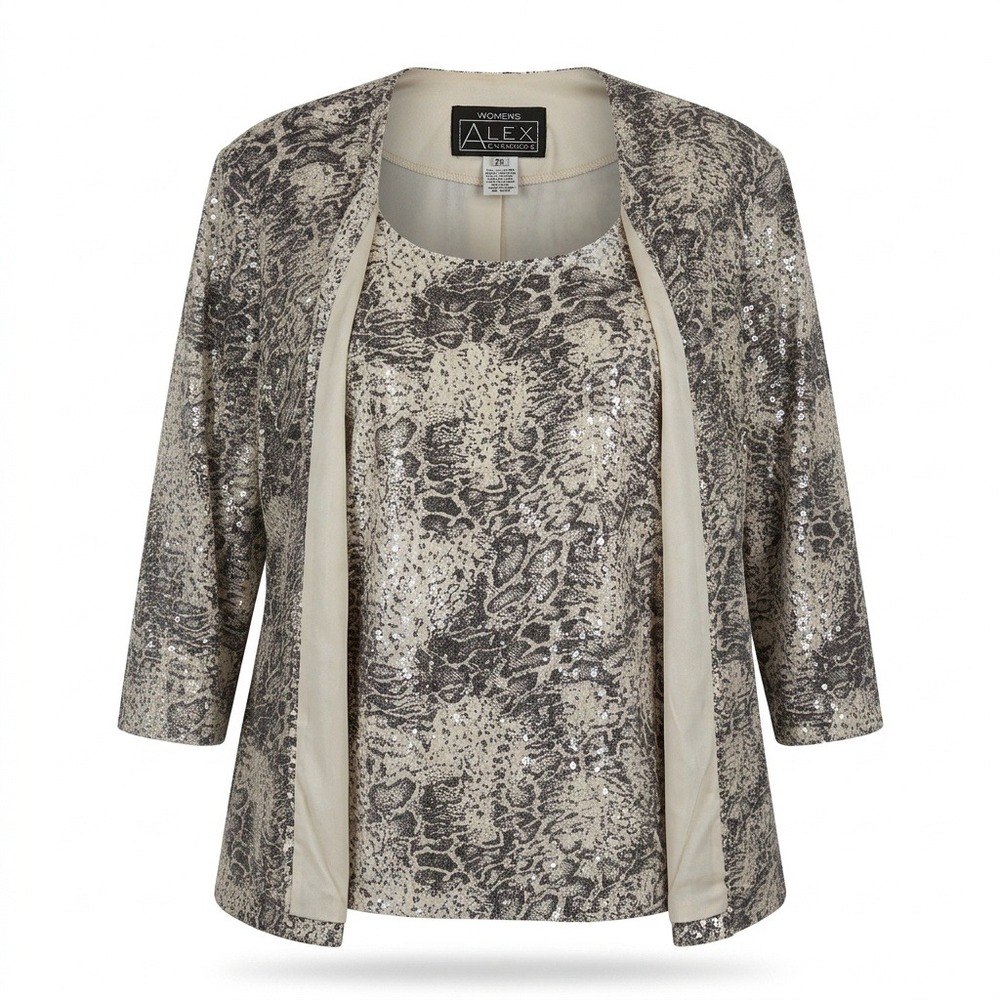Alex Evenings Snakeskin Print Sequin Jacket Tank Set Neutral Womens 2X Evening